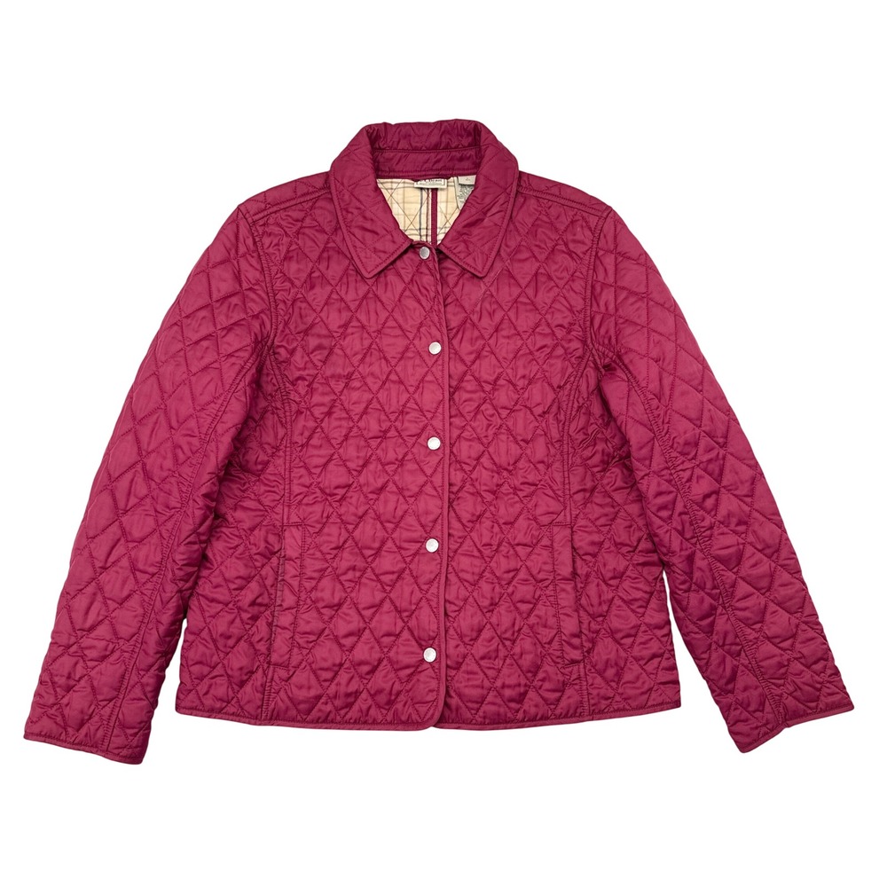 LL Bean Quilted Jacket Womens Size Large Pink Coat Snap Button Plaid Lining